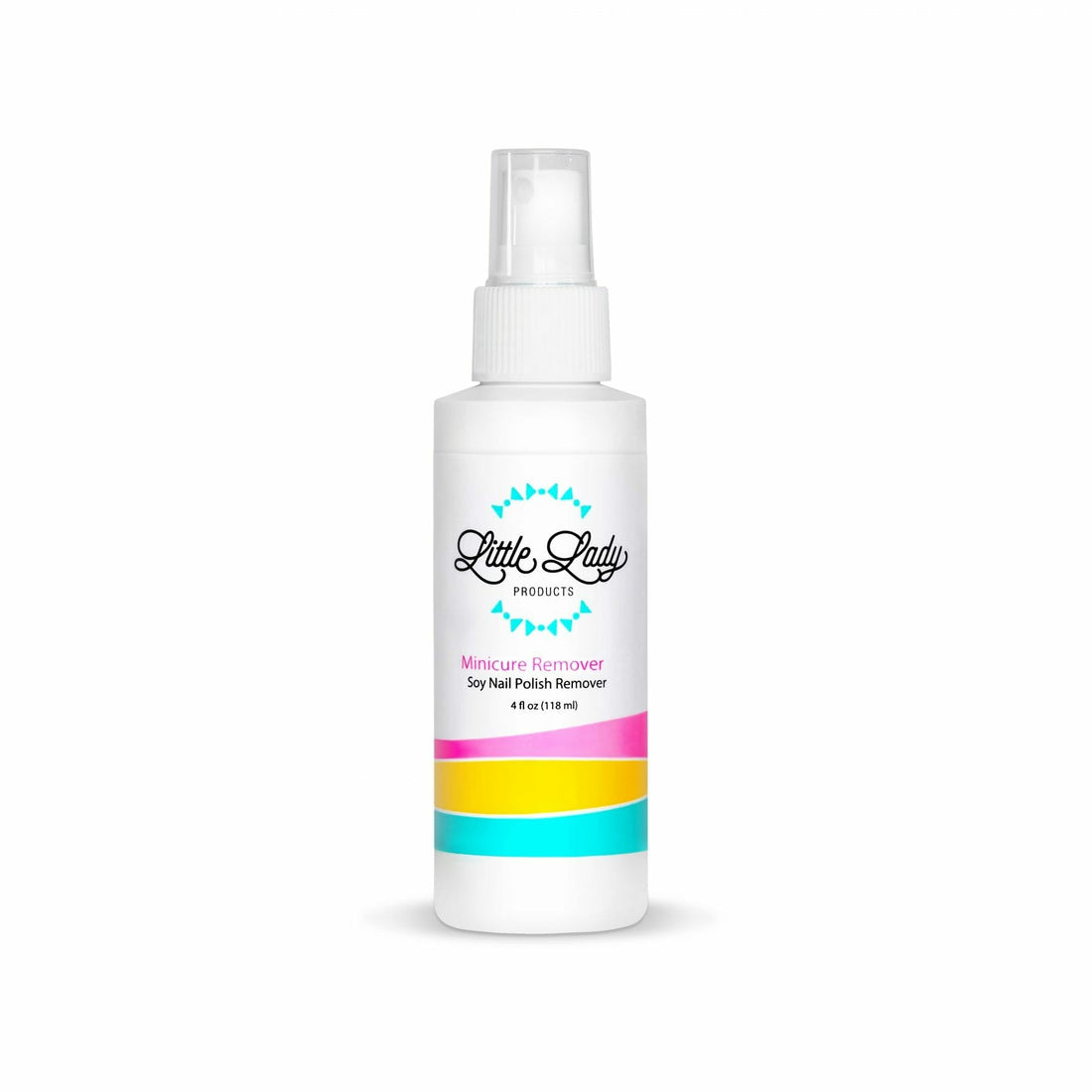Minicure Remover, a 4 fl oz soy-based nail polish remover in a white spray bottle, features a white label with black text, ideal for safe, kid-friendly manicures.