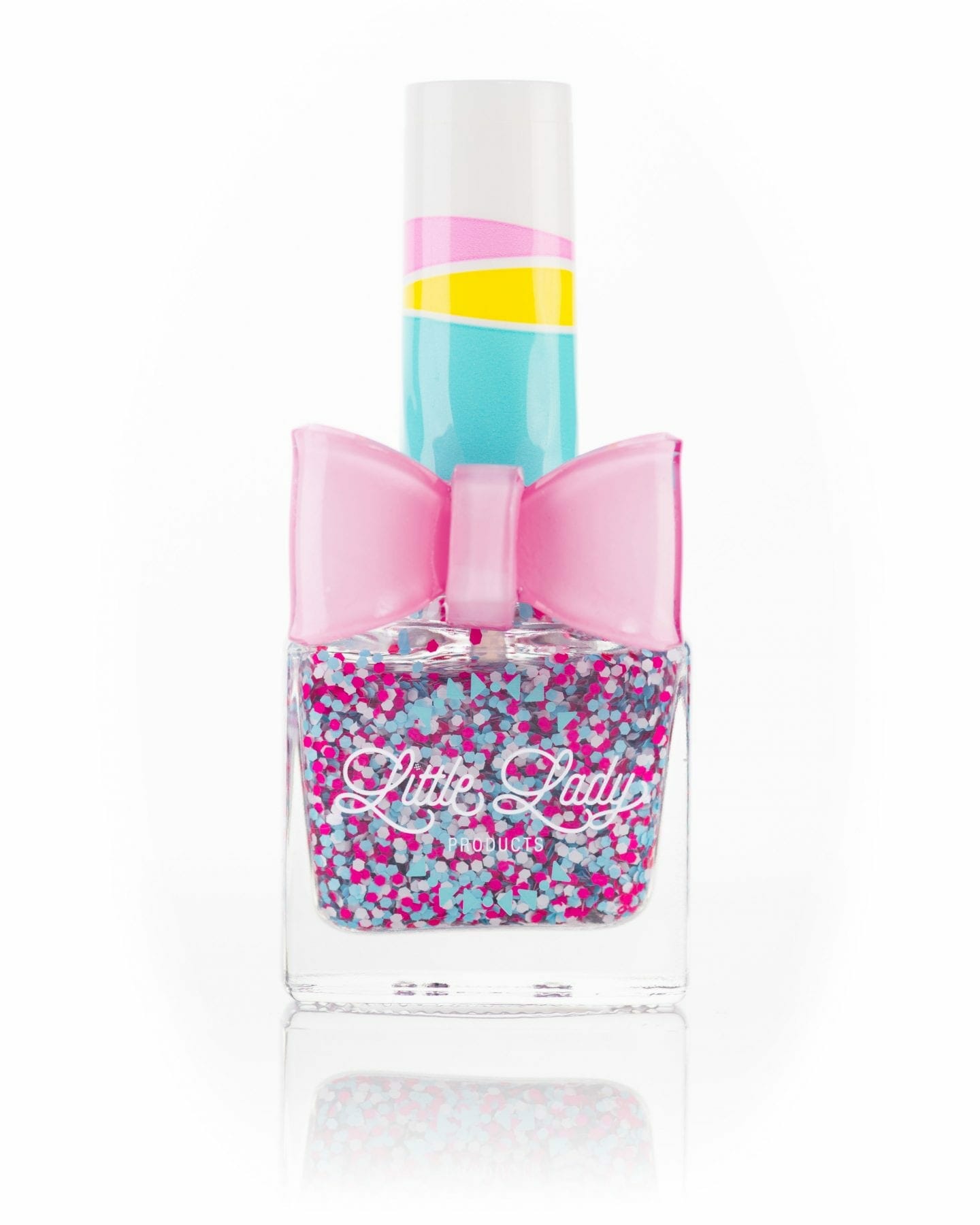 Bunny Hop nail polish bottle with an adorable pink bow, designed for kids, offering a candy scent for a fun manicure experience.