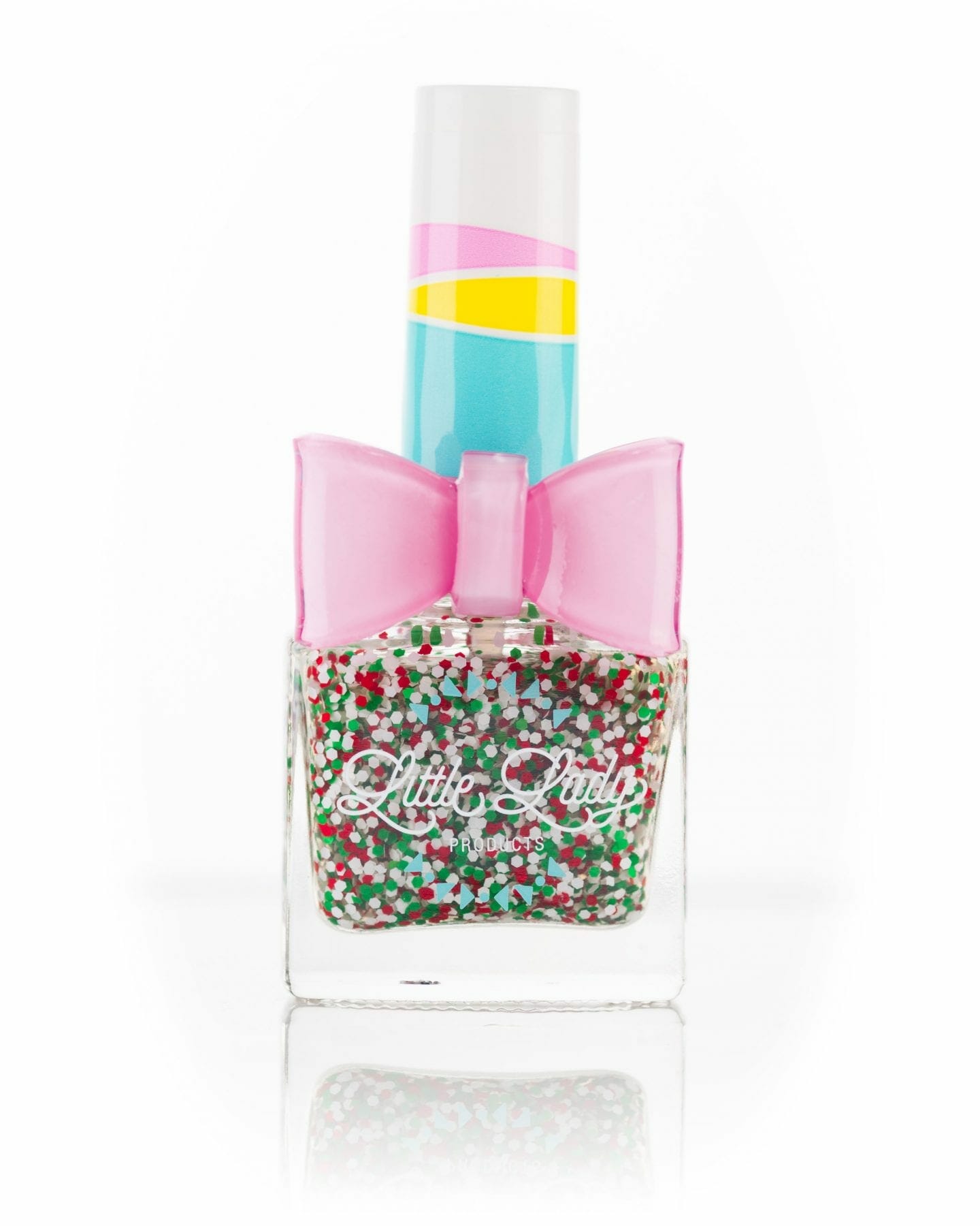 Bottle of Peppermint Sprinkles nail polish with a pink bow, featuring a playful, kid-friendly design ideal for festive, safe mini-manicures.