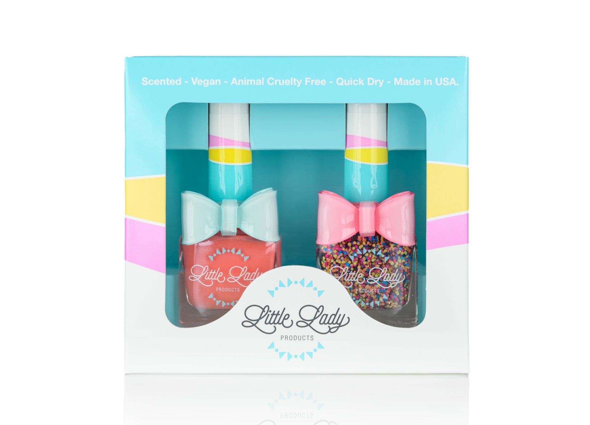 Peachy Rainbow Duo nail polish set, featuring two kid-safe, toxin-free polishes with a sweet scent and decorative pink bow, perfect for playful manicures.