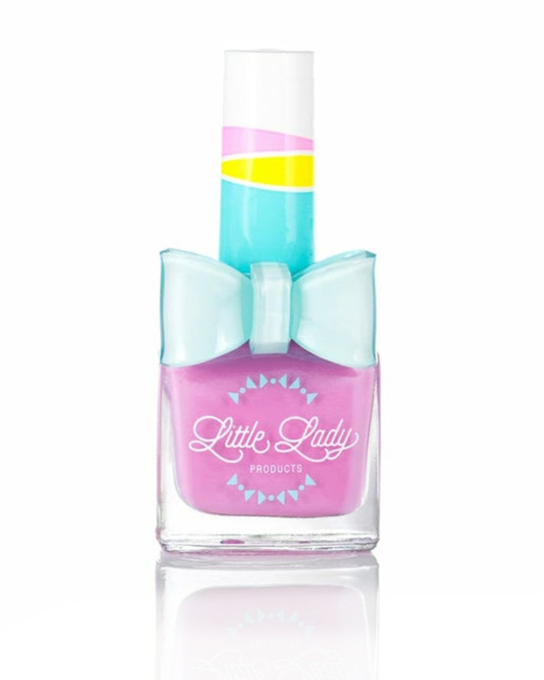 Butterfly Flutter nail polish bottle with a blue bow, offering purple hues and fruity scents, perfect for kids&