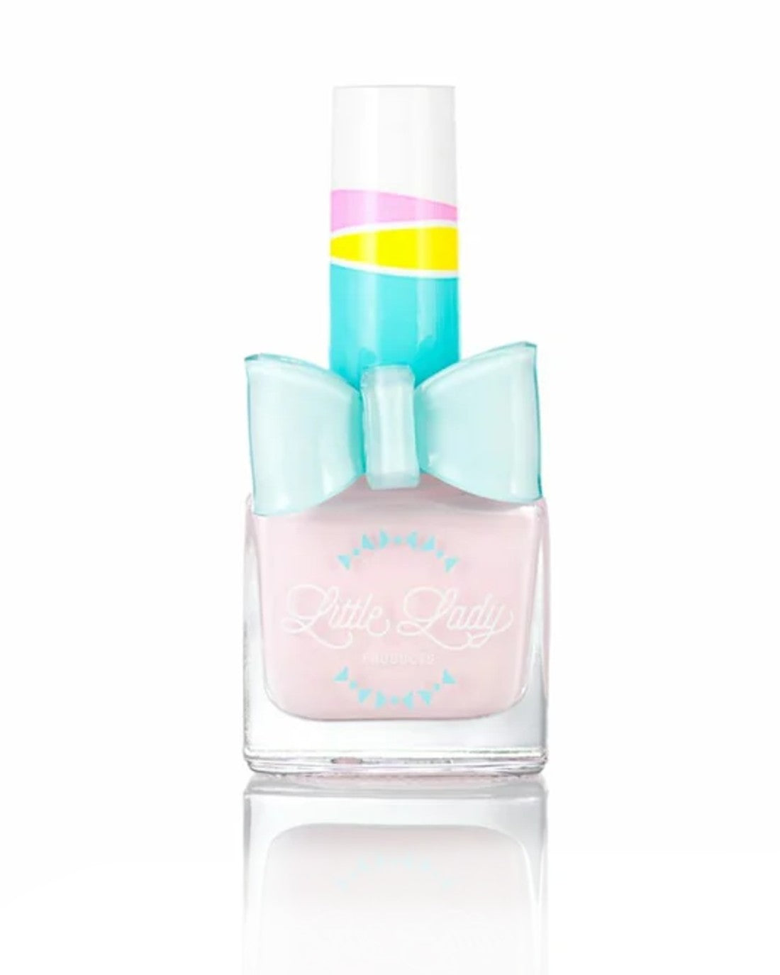 Cottontail nail polish bottle with a cute bow ring, offering a playful, safe, and sweet scent for kids from Little Lady Products.