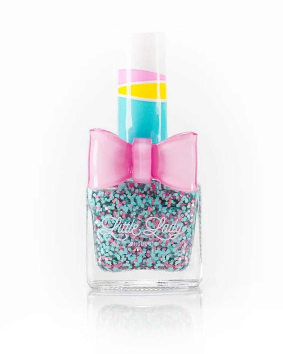 Dino S’mores nail polish bottle with pink and blue glitter, offering a marshmallow scent, designed for kids&