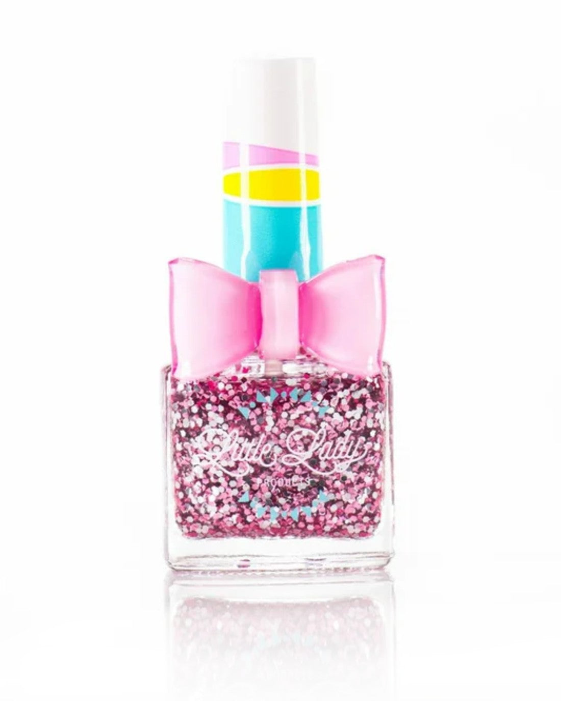 Little Miss Melon nail polish bottle featuring a sparkly mix of rose gold and silver, designed for kids with a juicy melon scent.