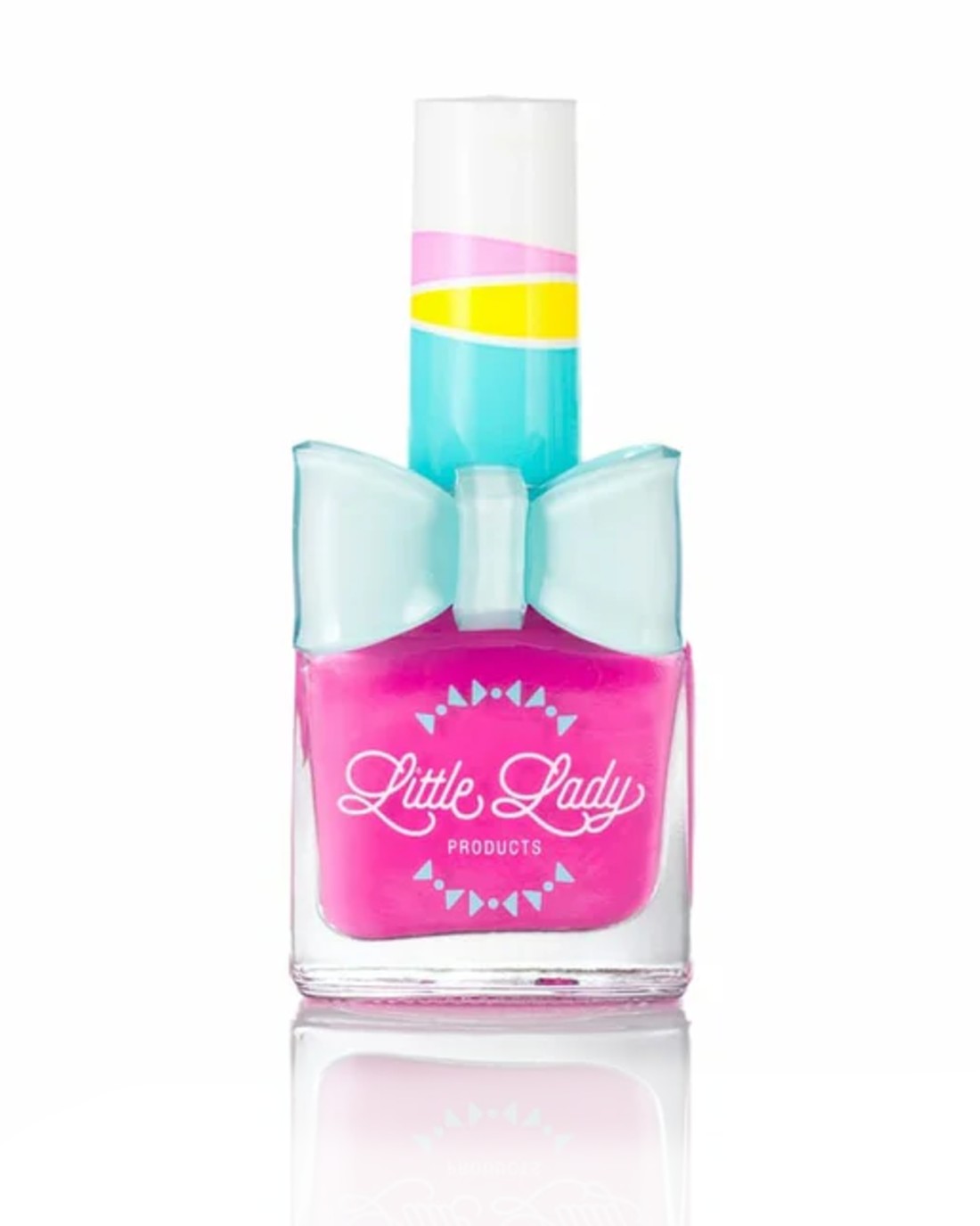 Oh Oh Flamingo nail polish, a bright pink bottle adorned with a cute blue bow, offers a fun, fruity-scented manicure experience for kids.