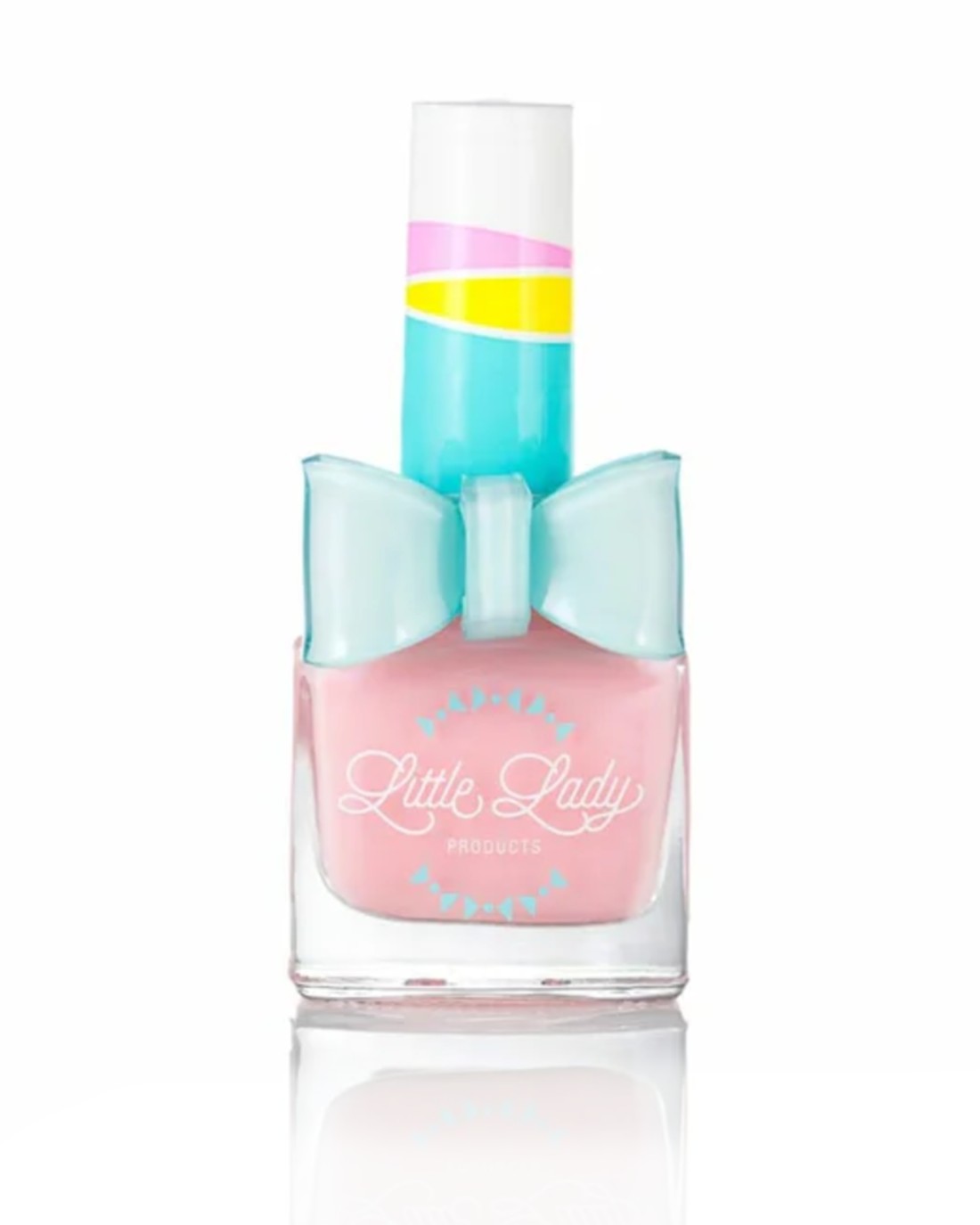 Rosey Ruffles pink nail polish bottle, featuring a sheer shimmer and fresh rose scent, from Little Lady Products, designed for kids with a playful, safe formula.