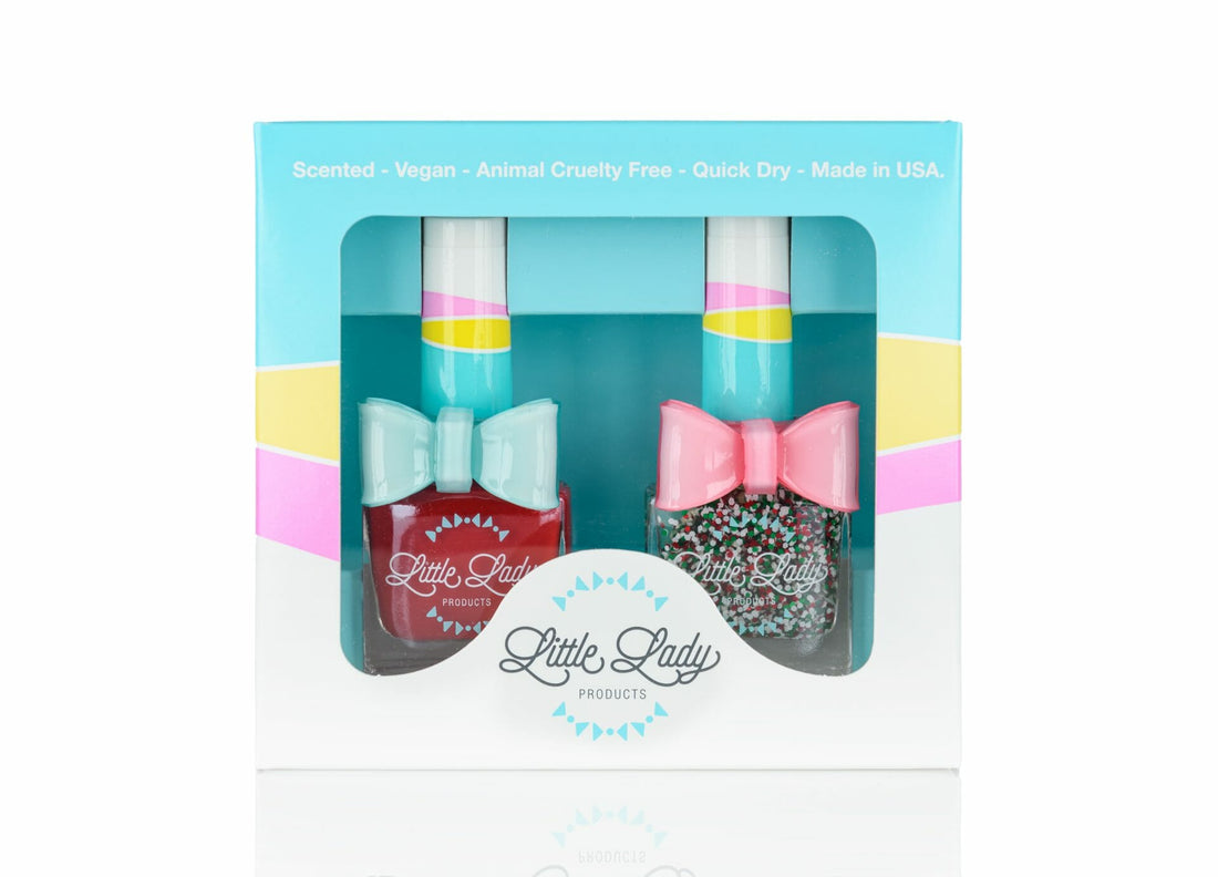 Holiday Duo: A box featuring So Very Strawberry and Peppermint Sprinkles nail polish from Little Lady Products, known for kid-friendly, toxin-free beauty items.