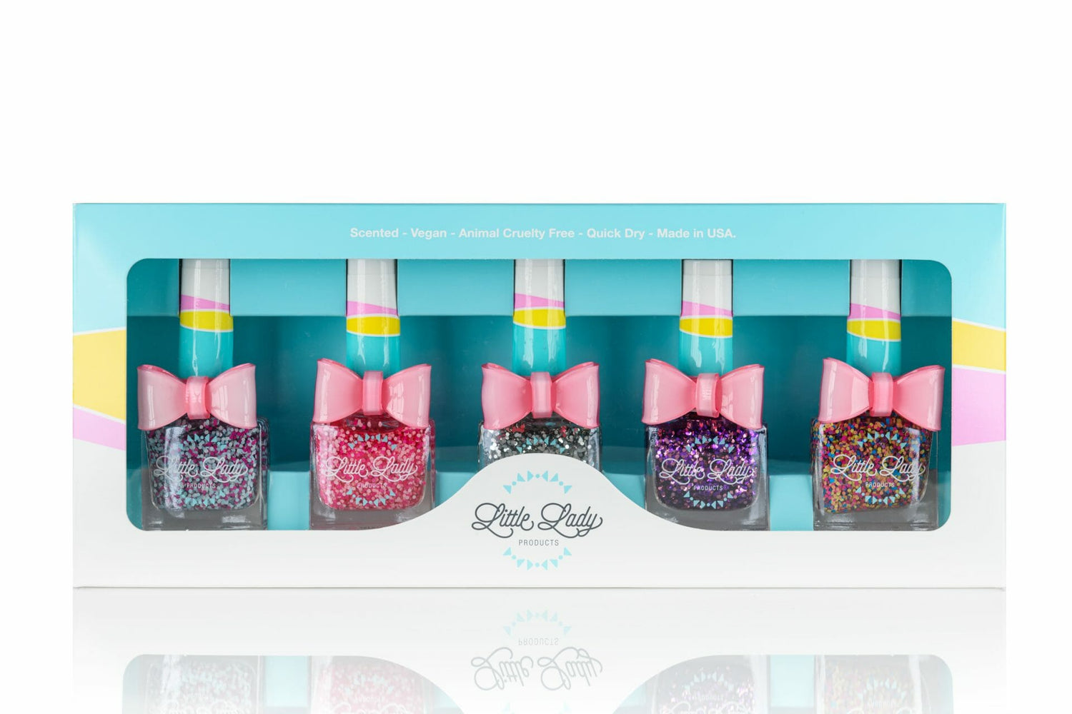 Confetti Glitter Collection Kit with top-selling glitter colors in a decorative box, perfect for playful, safe manicures for kids. Includes a cute bow accessory.
