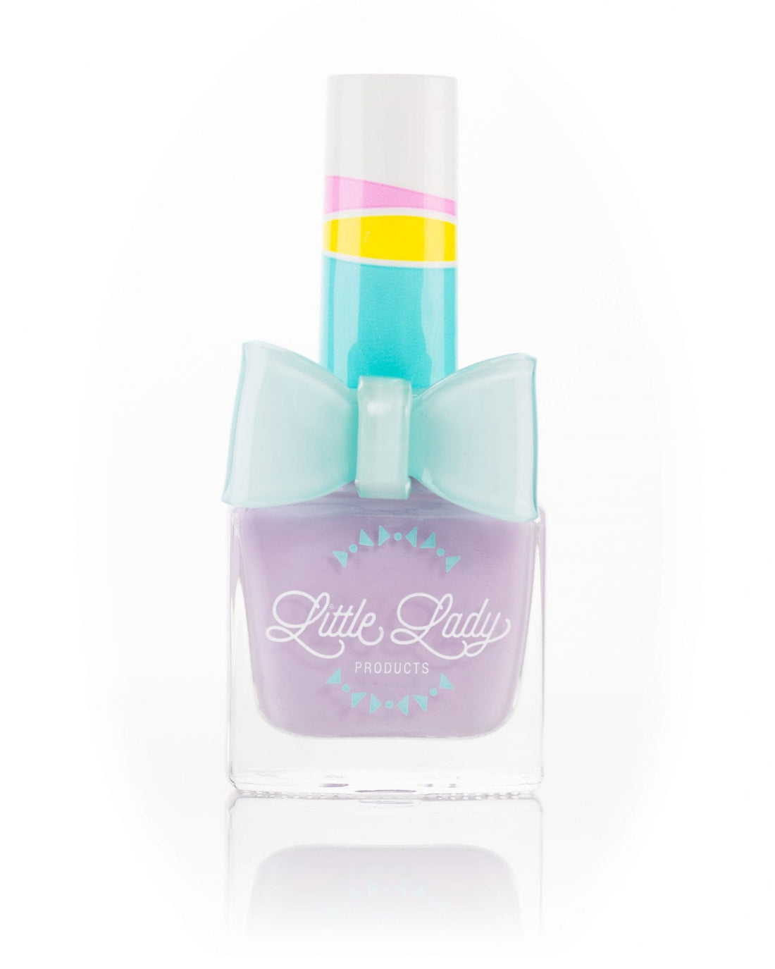 Lady Lilac pastel purple nail polish bottle, featuring a delightful lilac blossom scent and an adorable bow ring accessory, perfect for kids&