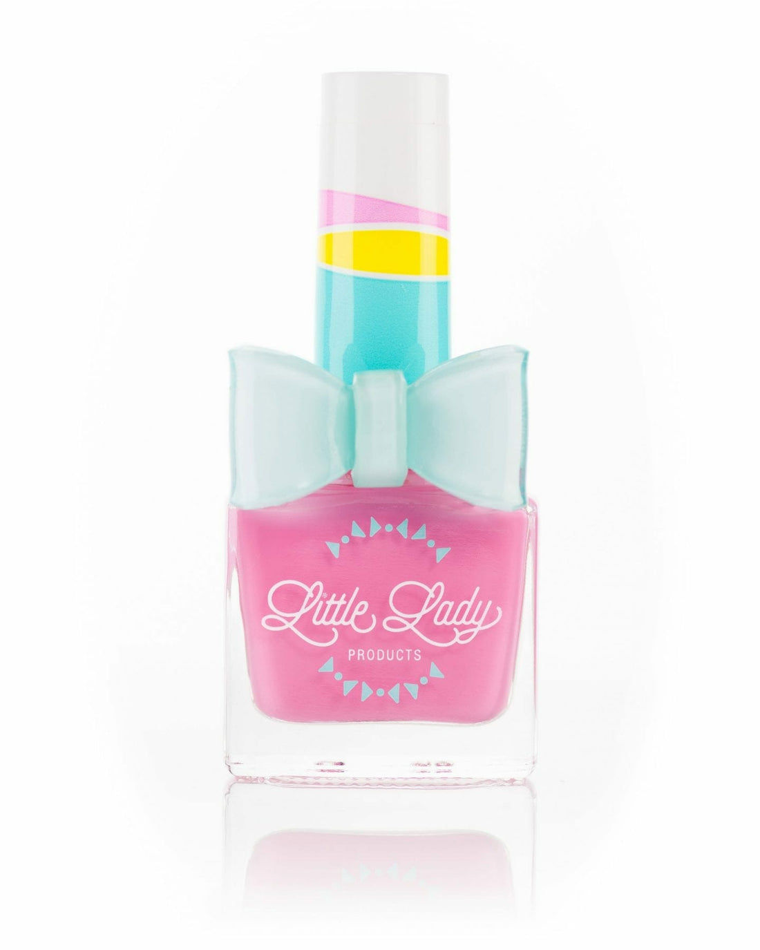 Bubblegumball nail polish bottle with a blue bow tie, perfect for kids. Toxin-free, safe, and fun, aligning with Little Lady Products&