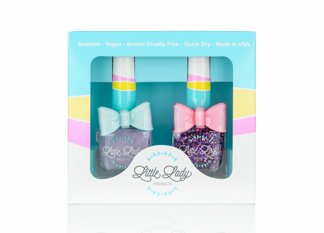 Lady Mermaid Duo nail polish set in a decorative box, featuring a glittery bottle with a pink bow, ideal for a fun, safe kids&