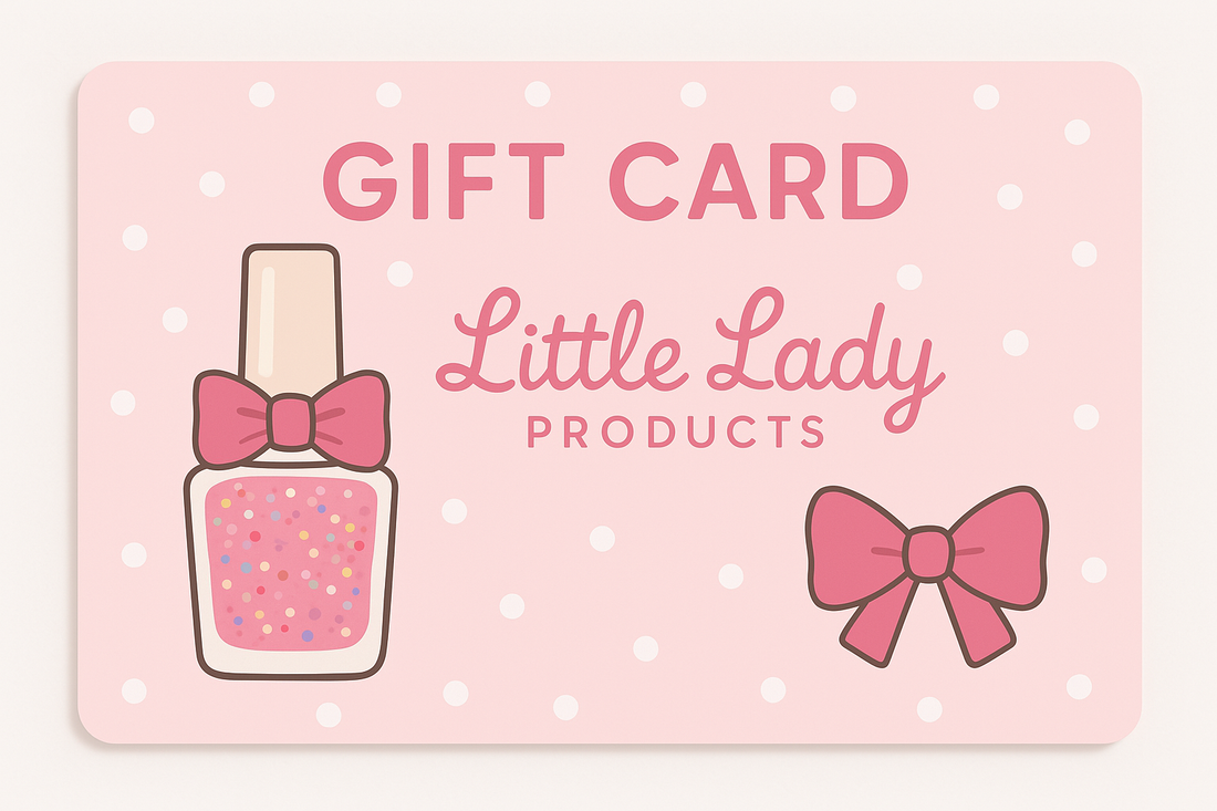 Gift card featuring a nail polish bottle and decorative bow, allowing children to choose from safe, stylish beauty products by Little Lady Products.
