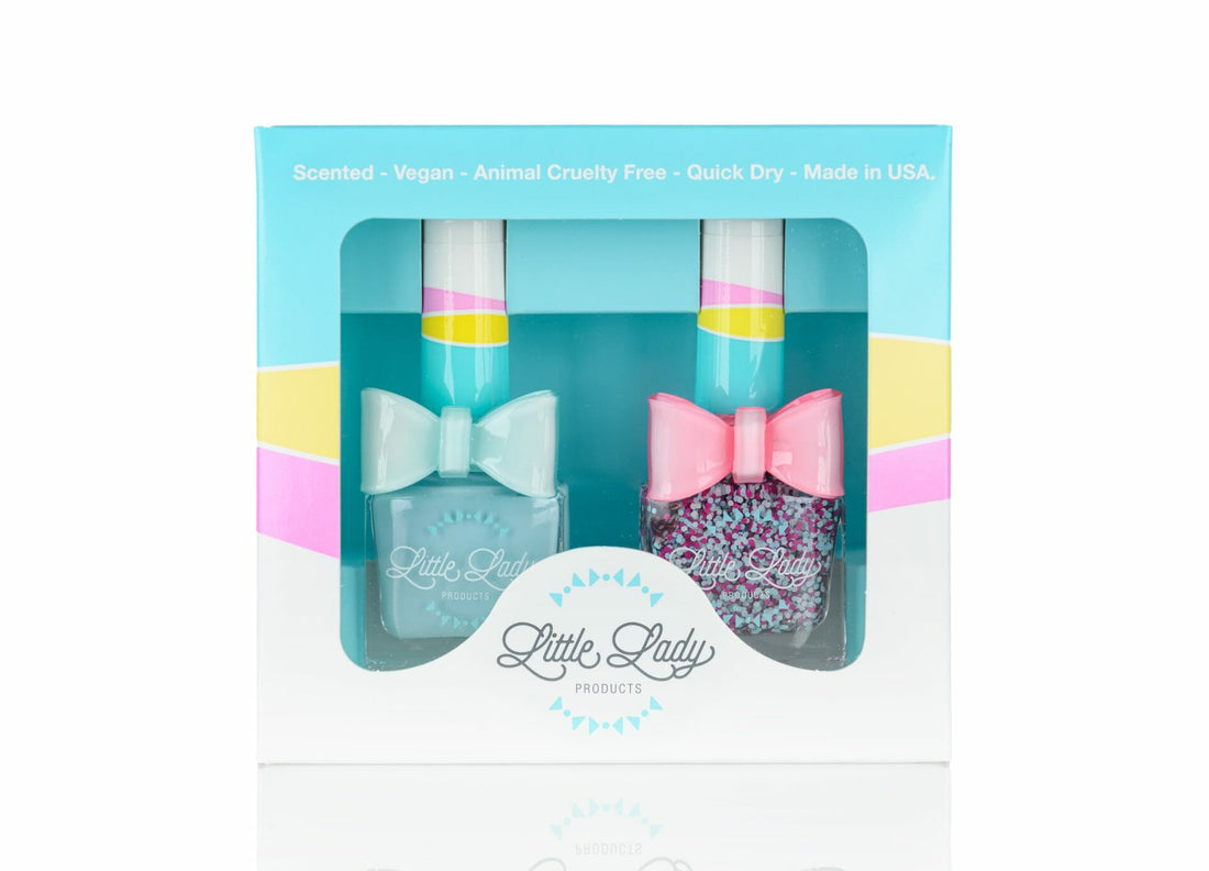 Tropical Bunny Duo nail polish set with bow ring, featuring Tropical Tango and Bunny Hop shades, ideal for fun, safe, and stylish kids&