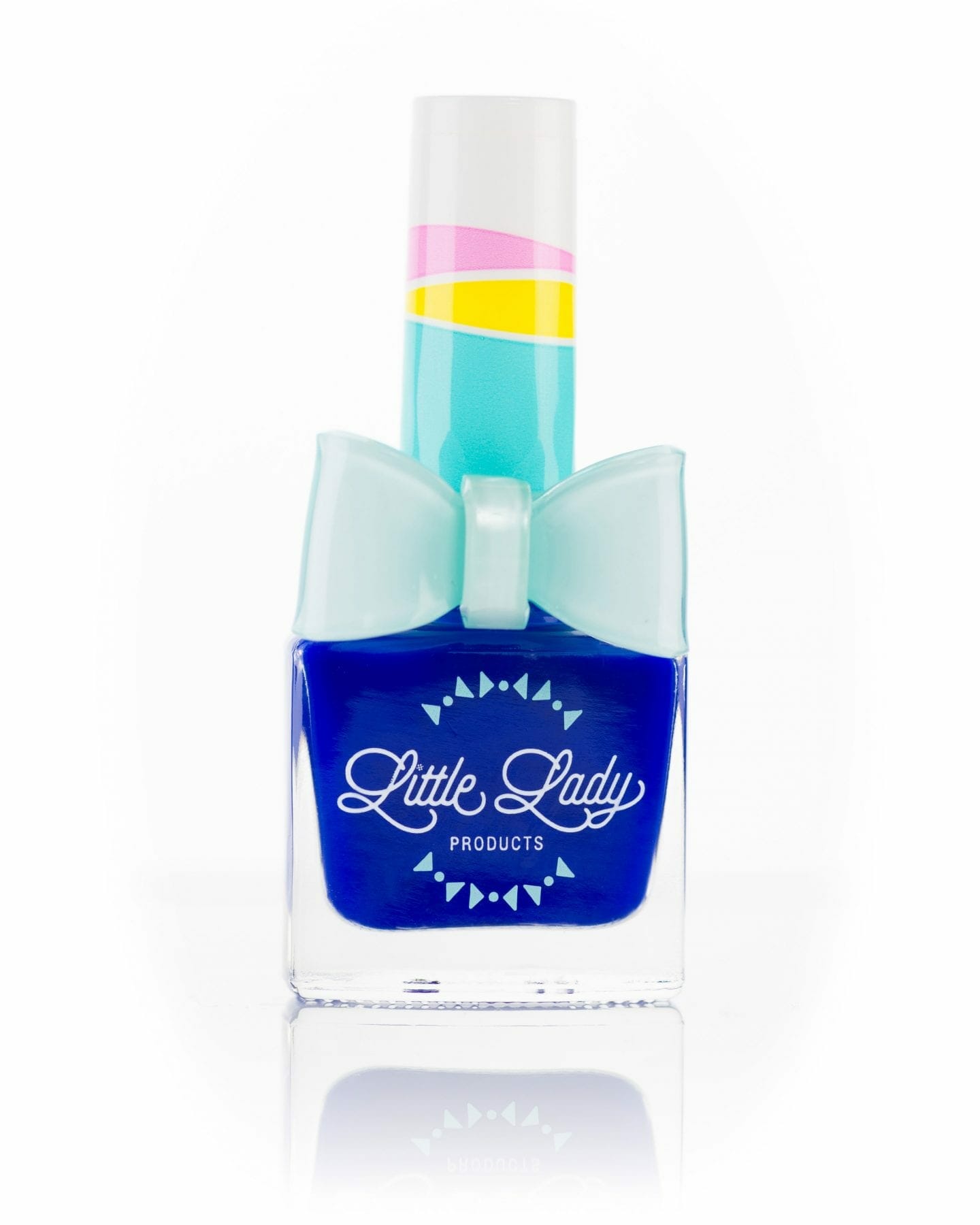 Blueberry Bingy nail polish bottle with a decorative bow ring, offering a fun, blueberry-scented, and toxin-free manicure experience for kids.