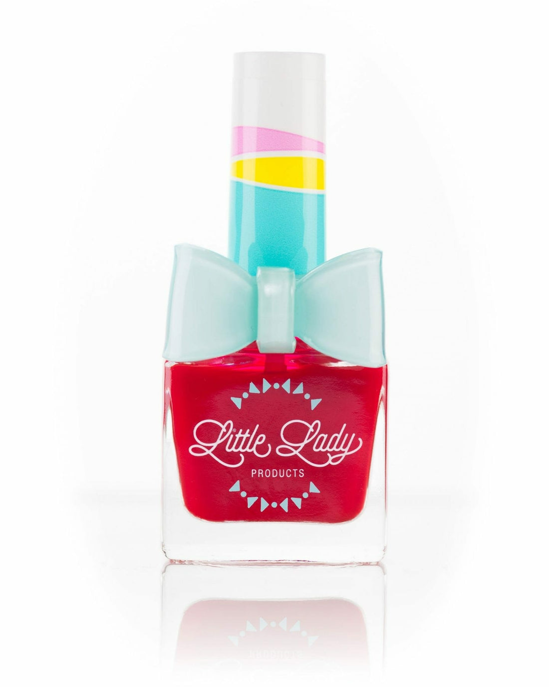 So Very Strawberry nail polish bottle with a bow ring, offering a fun, safe, and stylish manicure experience for kids, designed by Little Lady Products.