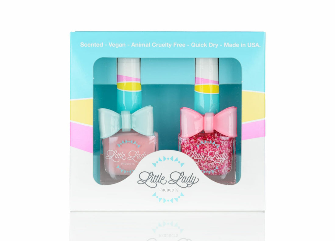 Marshmallow Princess Duo nail polish set, featuring two bottles with an adorable bow, perfect for kids&