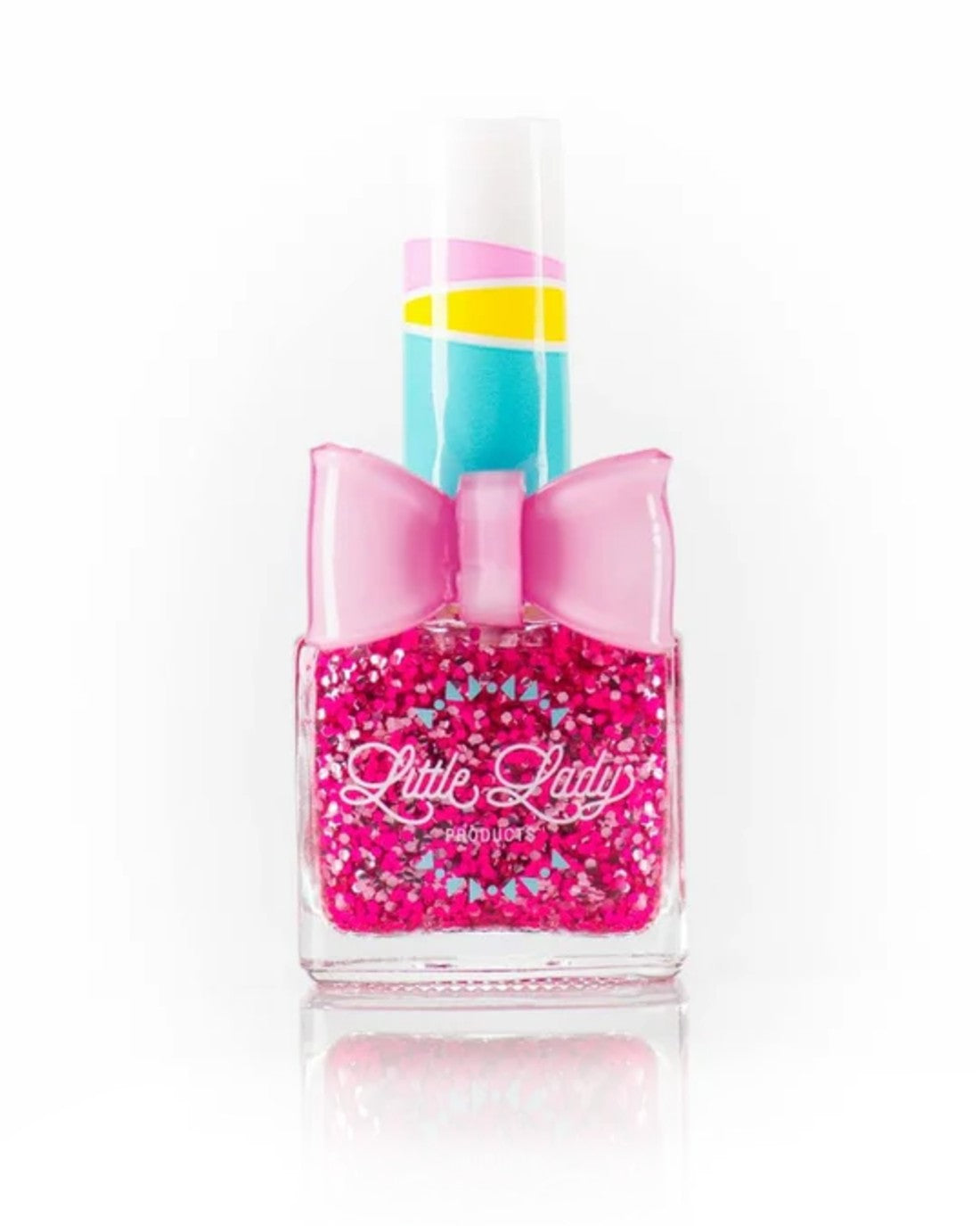 Cotton Candy Crush nail polish bottle with pink glitter and an attached bow, designed for kids with a playful, safe, and stylish appeal.