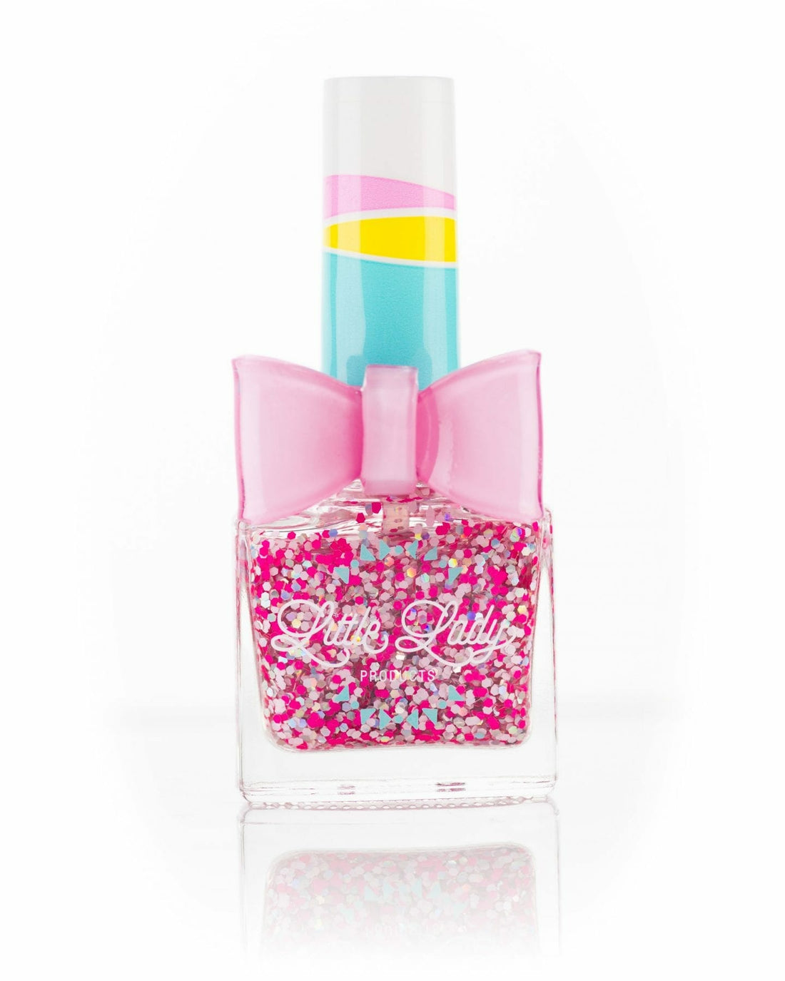 Unicorn Wishes nail polish with pink sparkles and a bow, designed for kids, offering a sweet scent and magical manicure experience.